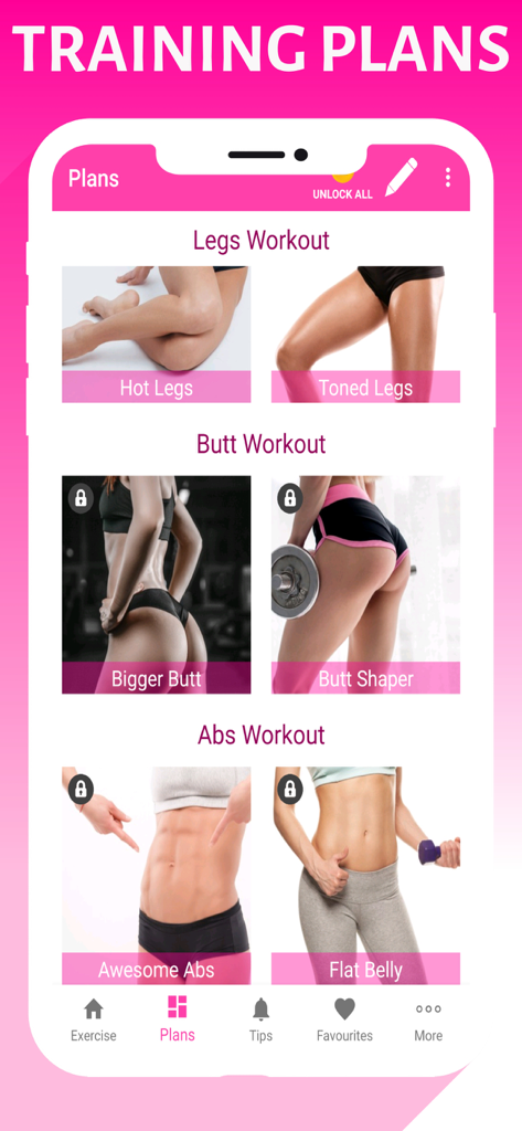 Pro Women Workout: Lose Weight - Training plans screen of Pro Women Workout app showing leg butt and abs exercise routines