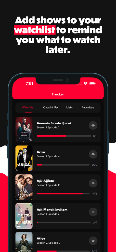 Dizilah - Dizilah app tracker interface with a list of Turkish TV shows and watch progress bars