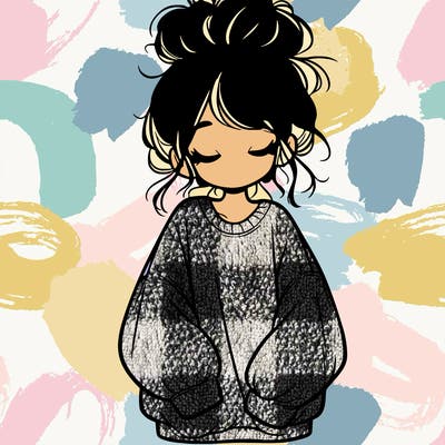 girl with baggy sweatshirt and messy bun