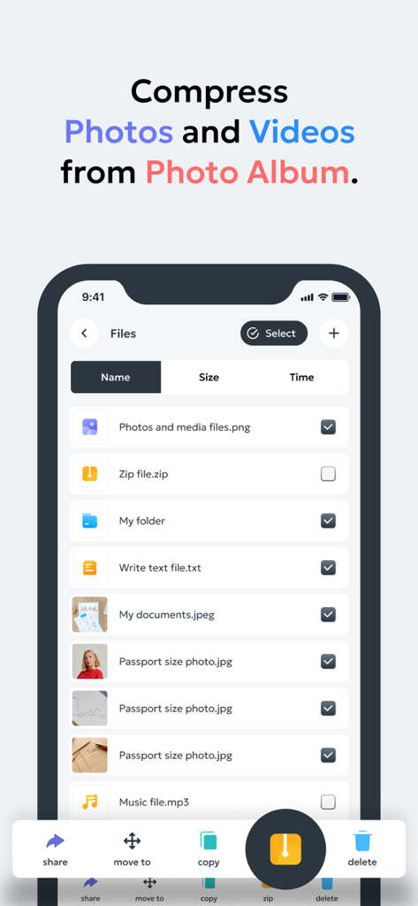 Zip & Unzip Files - Extractor - Interfaz de aplicación móvil para seleccionar y comprimir fotos y videos de una lista de archivos