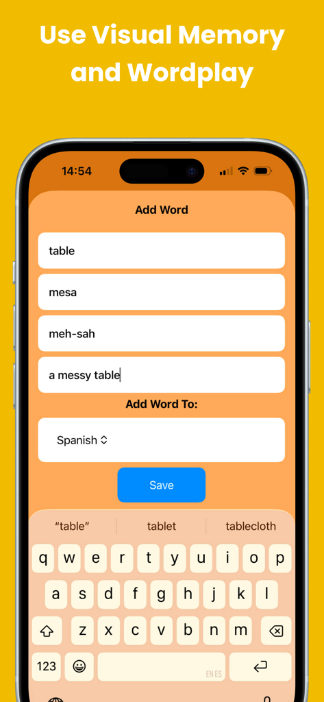 Drawn from Memory – Languages - Interface of the Drawn from Memory app showing the Add Word screen where a user creates a mnemonic link for the Spanish word mesa