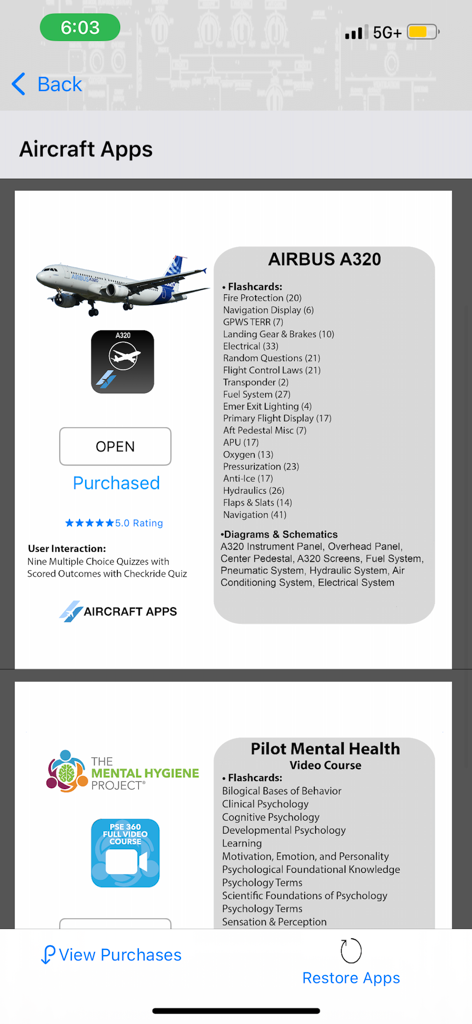 iAIRBUS A320 Type Rating Prep - A mobile app screen listing Airbus A320 study modules including system flashcards, technical schematics, and a pilot mental health video course.