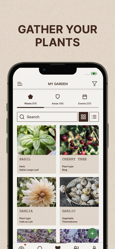 GARDENIZE Plant Care Gardening - Interface of the Gardenize app showing a list of saved plants like basil and cherry tree with photos