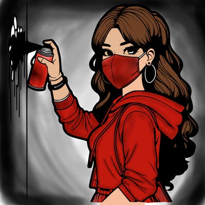 realistic girl with mask spray painting a wall