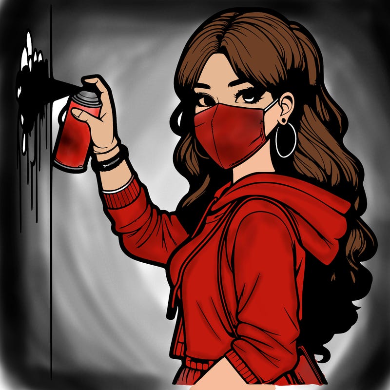 realistic girl with mask spray painting a wall