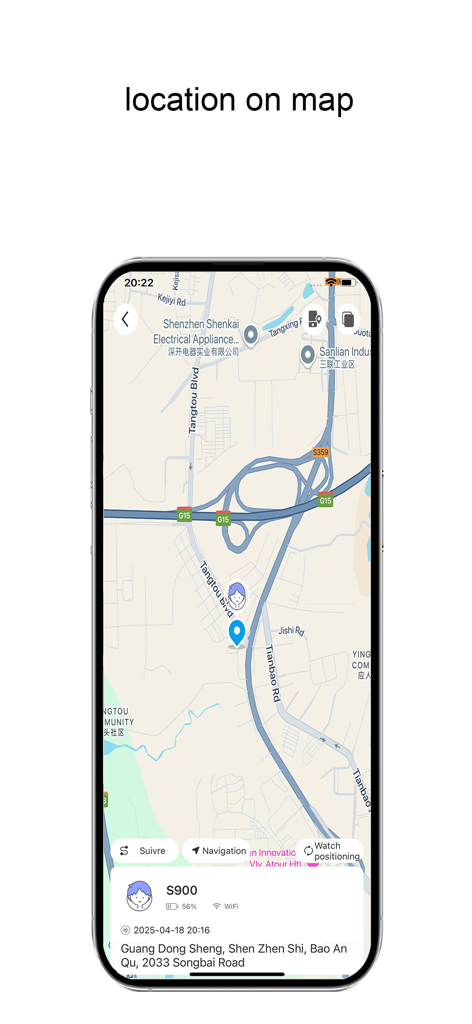 Kiddo Connect - Real-time GPS location tracking of a child's smartwatch on a map in the Kiddo Connect app.