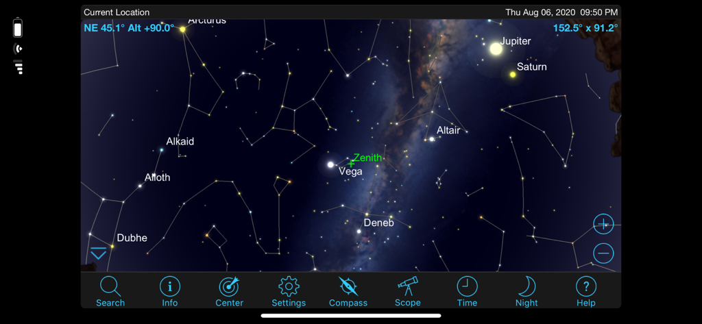 Celestron SkyPortal - Captura de pantalla de la aplicación Celestron SkyPortal que muestra un mapa estelar digital con estrellas y planetas etiquetados como Júpiter y Saturno.