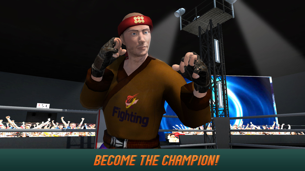 Karate Do Fighting Tiger 3D - 2 - Ein 3D-Kampfkunstkämpfer in einem braunen Gi und rotem Stirnband steht bereit in einem Ring mit der Beschriftung Werde zum Champion.