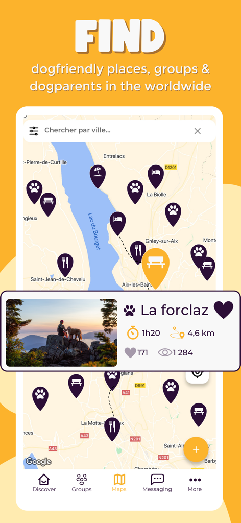 PlayDogs: Walk your dog - Interface cartographique de l'application PlayDogs montrant divers lieux adaptés aux chiens et un aperçu de promenade sélectionné à La Forclaz avec des détails de randonnée