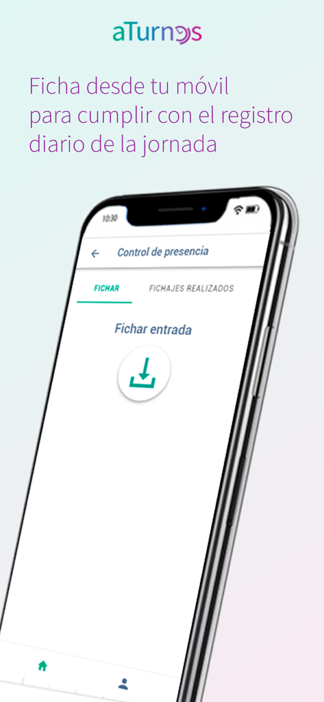aTurnos - aTurnos mobile app interface showing the presence control screen with a button to clock in for the workday