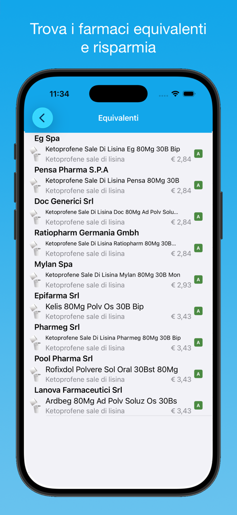 iFarmaci Premium - Lista de medicamentos equivalentes en la aplicación iFarmaci Premium que muestra diferentes marcas farmacéuticas y precios en euros.
