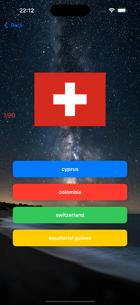 Earth 3D Globe - World Map - Un écran de quiz de géographie dans l'application montrant le drapeau de la Suisse avec des options à choix multiples.