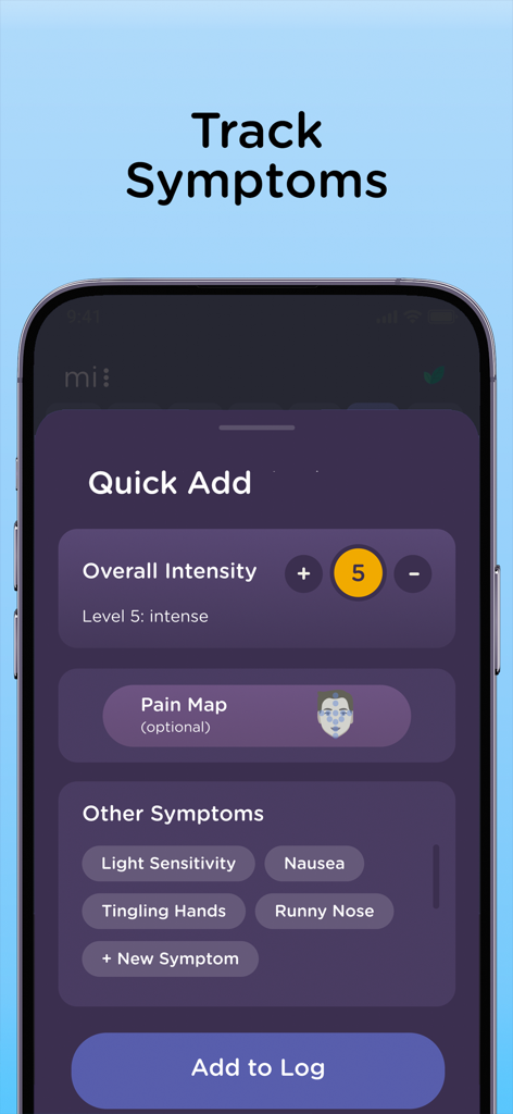 Una interfaz de aplicación móvil para rastrear síntomas de migraña e intensidad del dolor.