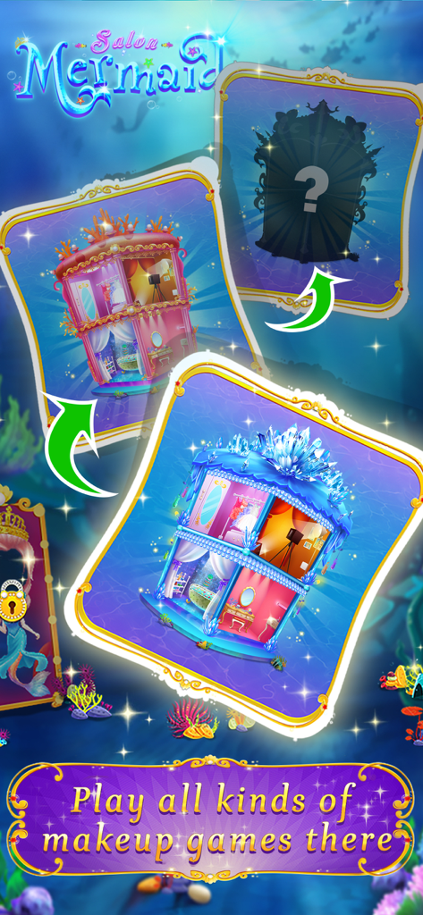 Mermaid Makeup Dressup - Mermaid Makeup Salon interface showing different underwater dress up and makeup studio rooms.