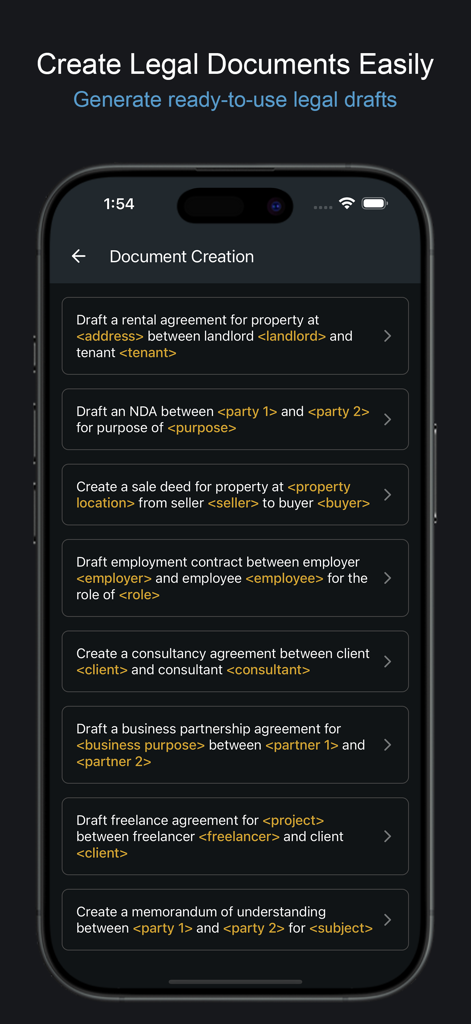 AI Lawyer: Legal Assistant - Schermata di redazione documenti legali con modelli per accordi e contratti