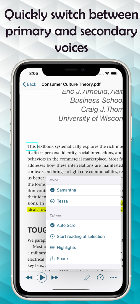 Text to Speech PDF Reader - テキスト読み上げPDFリーダーアプリのPDFリーダーアプリを表示するiPhone。プライマリとセカンダリの音声を切り替えるための音声選択メニューが表示されている