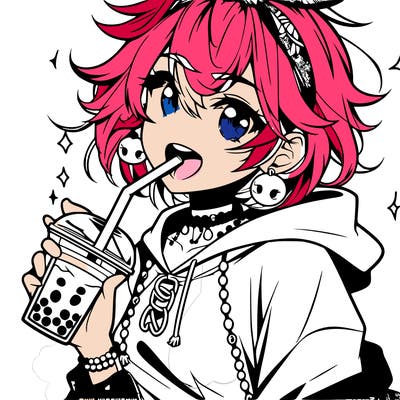 hot baddie anime girl drinking boba and biting the straw