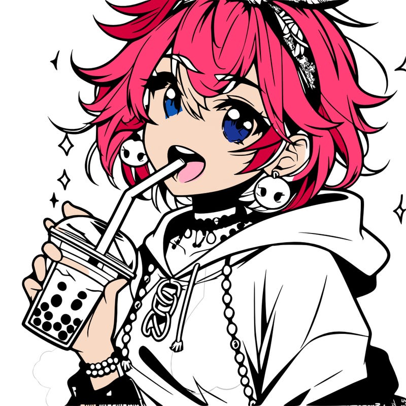 hot baddie anime girl drinking boba and biting the straw