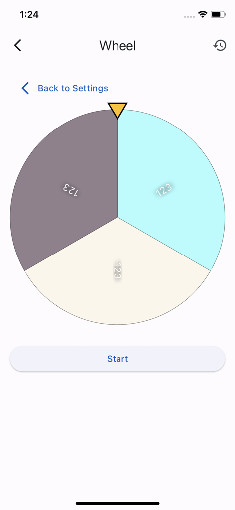 A digital spinner wheel in the Draw Lots Tool app with three colored sections and a start button.