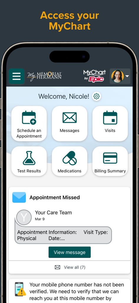 My Memorial Hermann™ - My Memorial Hermann app dashboard showing MyChart features like scheduling, messages, and test results