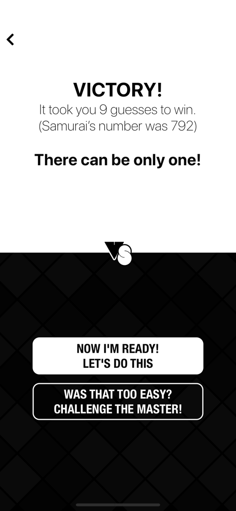 The Number Guessing Challenge - VERSUS 숫자 맞히기 챌린지에서 사무라이 전사를 상대로 승리한 것을 보여주는 승리 화면. 다시 플레이하거나 마스터에게 도전하는 옵션 포함.