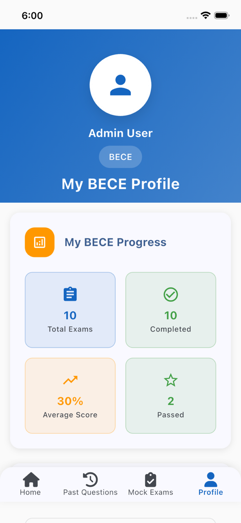 BECE Past Questions & Mocks - A tela de perfil do usuário do aplicativo Questões Anteriores do BECE mostrando o progresso do exame e estatísticas de desempenho.