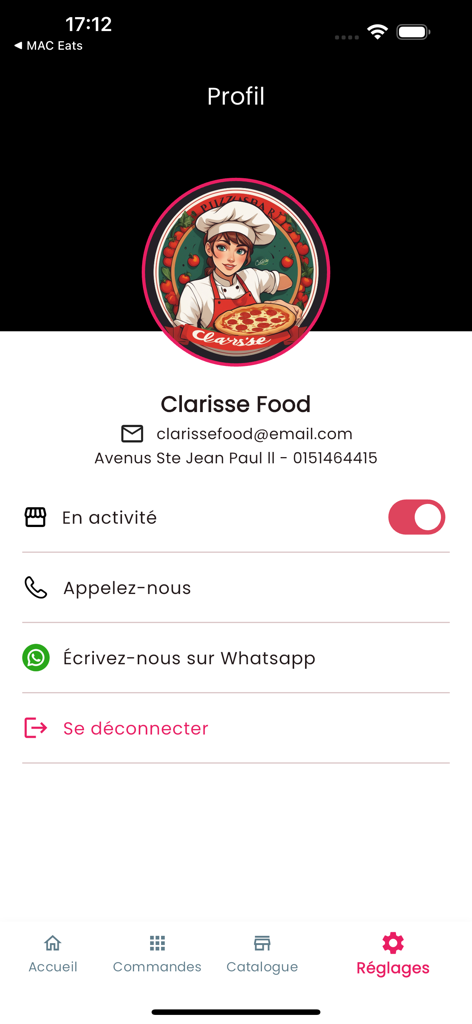 MAC Eats Restaurant - Restaurantprofilseite mit geschäftlichen Kontaktinformationen und Umschalter für den Aktivitätsstatus