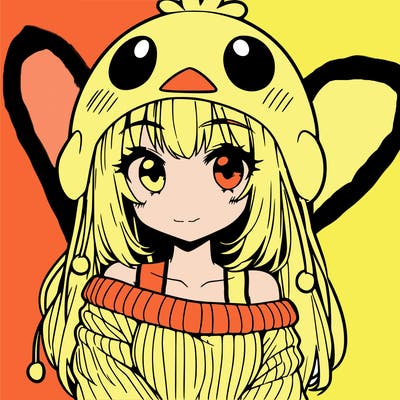 anime girl with chick shaped hat with sweater with bare shoulders with bangs covering them one eye with low tail