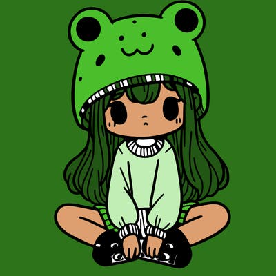 a girl wearing a frog hat and some frog socks
