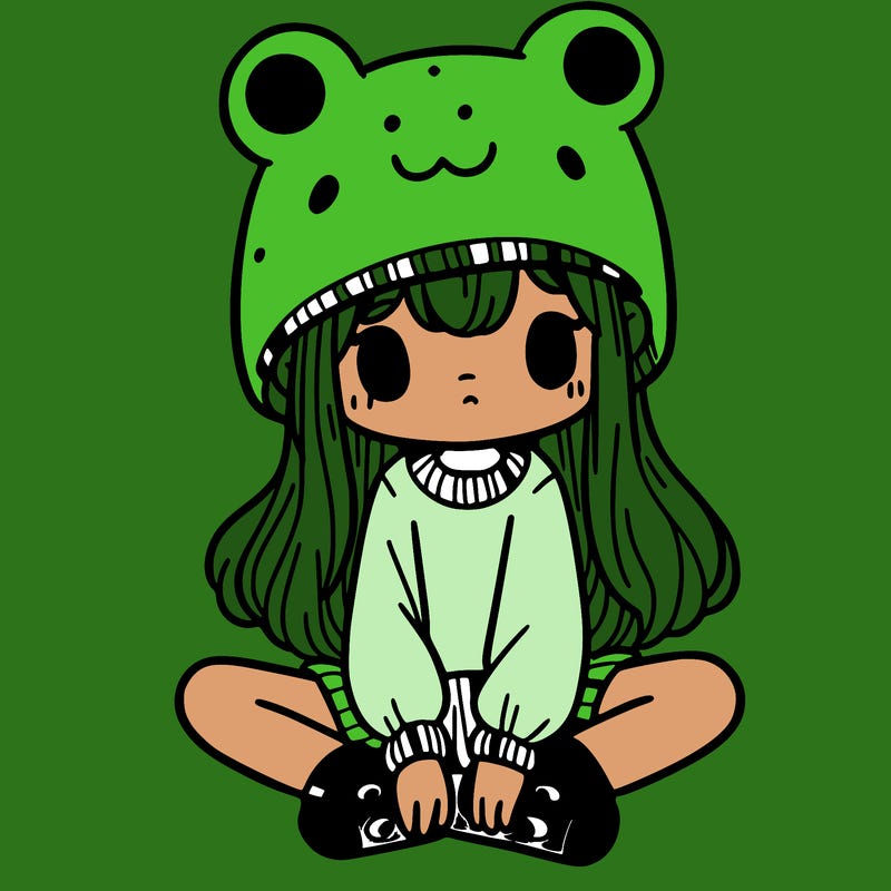 a girl wearing a frog hat and some frog socks