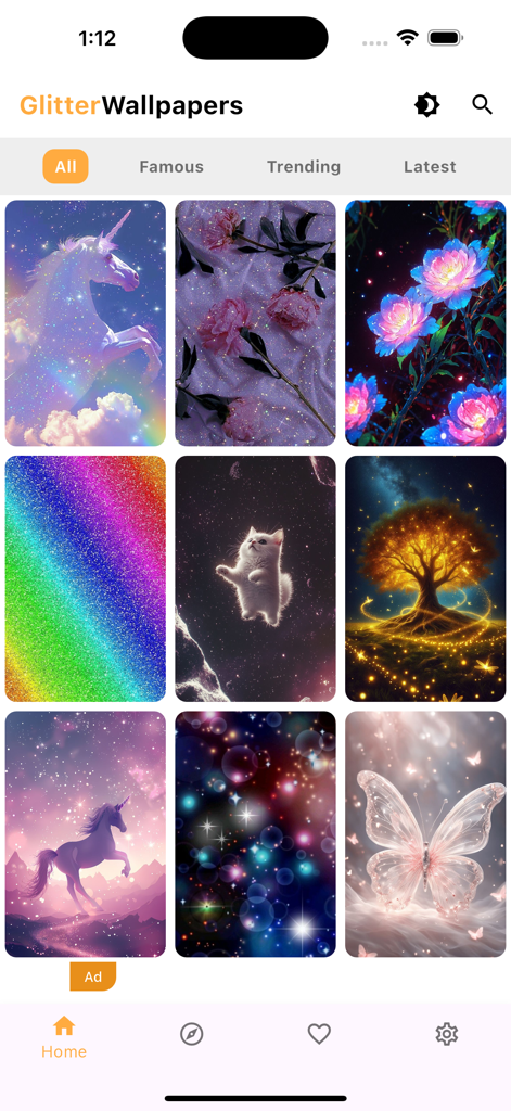 Glitter Live Wallpapers - Gallery view of the Glitter Live Wallpapers app displaying various sparkling backgrounds like unicorns, kittens, and flowers.