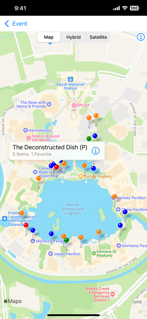 WDW Food&Wine - Interactive map of Epcot food booths with colored pins in the WDW Food and Wine app