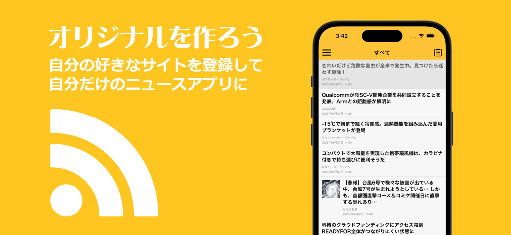 Un smartphone affichant l'application de lecteur RSS feeder avec un fil d'actualités sur un fond jaune