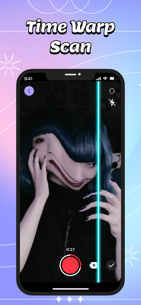 Face Delay - Time Warp Scan - A screenshot of the Face Delay app showing a face distorted by the Time Warp Scan blue line filter.