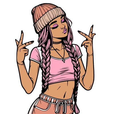 realistic teenage girl with braids and a beanie and crop top doing 🫶🏼