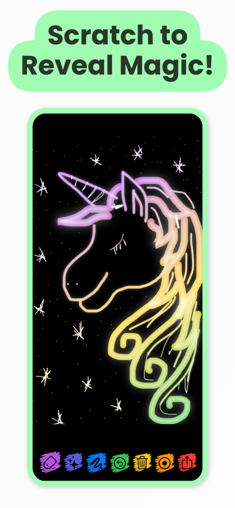 A neon rainbow unicorn scratch art drawing on a black background