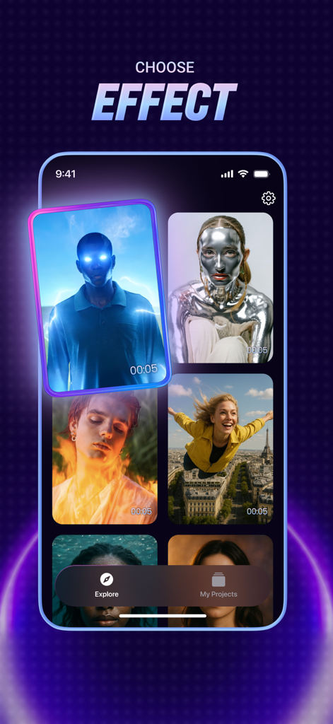 AI Video Generator: Tvorra - Gallery of AI video effects in the Tvorra app showing various cinematic filters for social media.