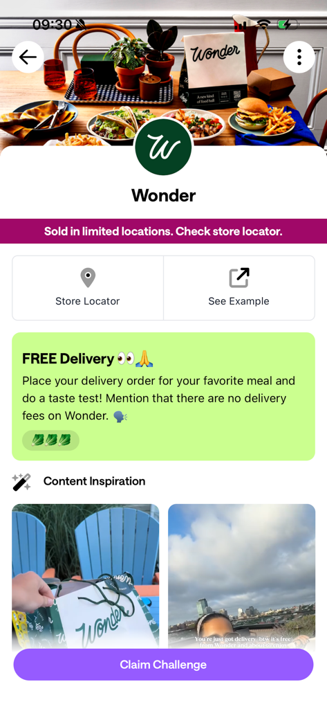 Kale - Creator Rewards - Interface of the Kale app showing a creator challenge for the brand Wonder with a claim button.