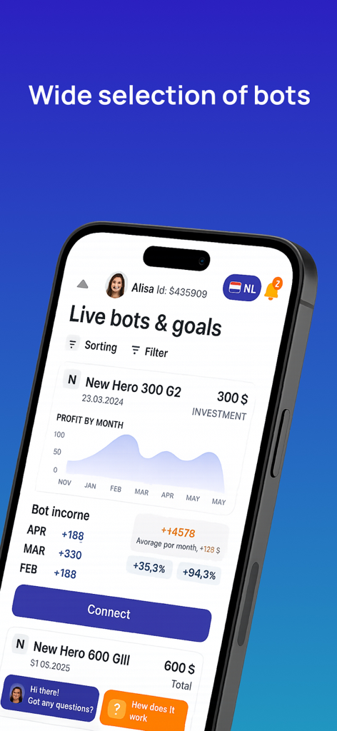 Apex: AI Trading Bot & Broker - Apex AI Trading Bot interface showing a list of automated bots and monthly profit statistics
