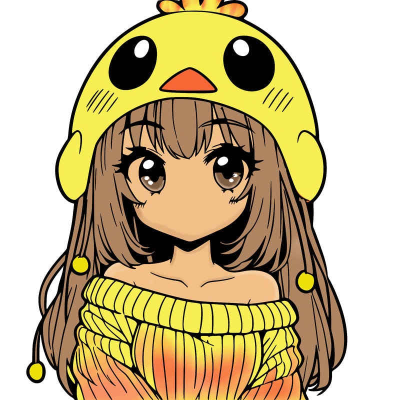 anime girl with chick shaped hat with sweater with bare shoulders with bangs covering them one eye with low tail