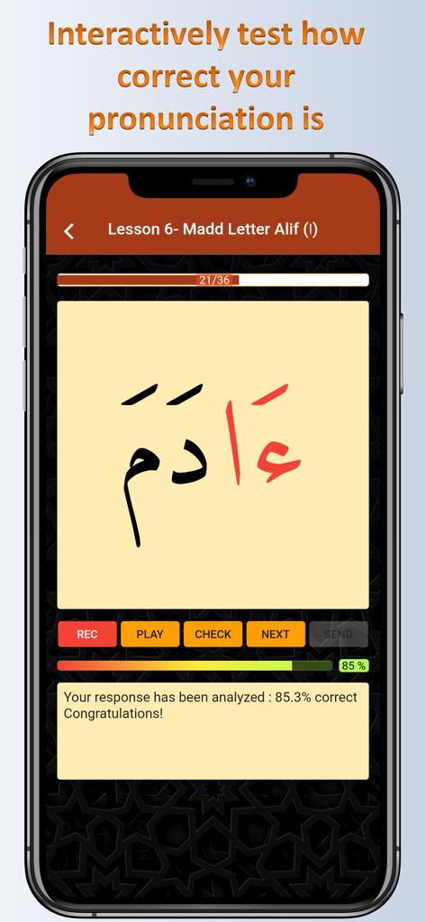 TajweedMate app interface showing an interactive AI pronunciation test with feedback on an Arabic lesson