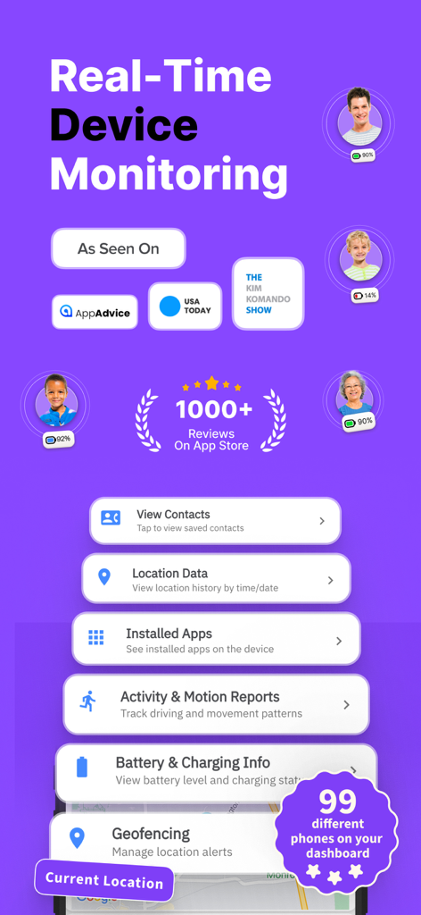 Spy Phone ® Pro Mobile Tracker - Spy Phone Pro Mobile Tracker app dashboard showing real-time device monitoring features like GPS location contacts and geofencing