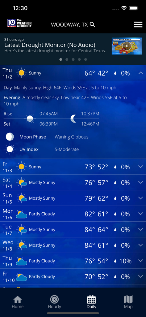 KWTX Weather app daily forecast interface for Woodway, Texas, showing a 9-day outlook with sunny conditions and high resolution data.
