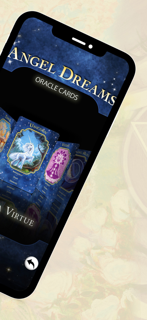 Angel Dreams Oracle Cards - Eine mobile App-Oberfläche, die die Angel Dreams Oracle Cards mit einer Einhorn-Karte anzeigt.