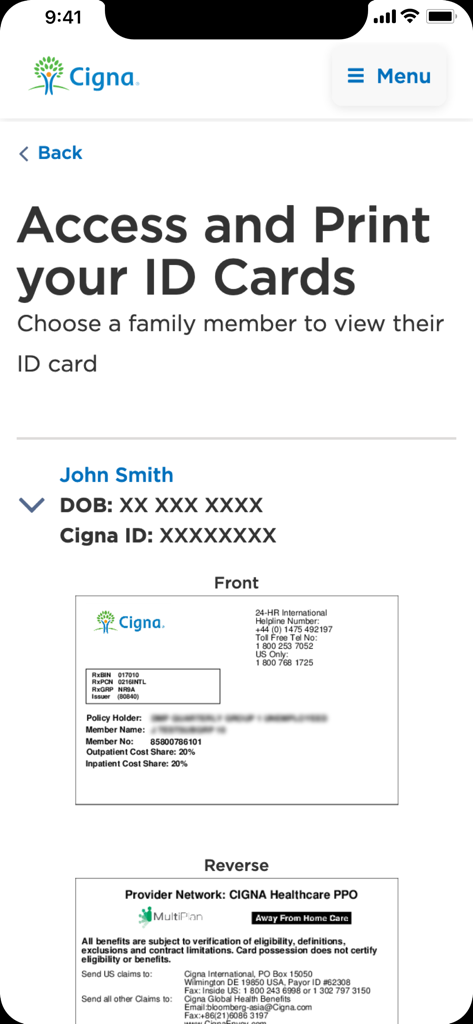 Mobile screen showing how to access and view digital health insurance ID cards for family members in the Cigna Envoy app.