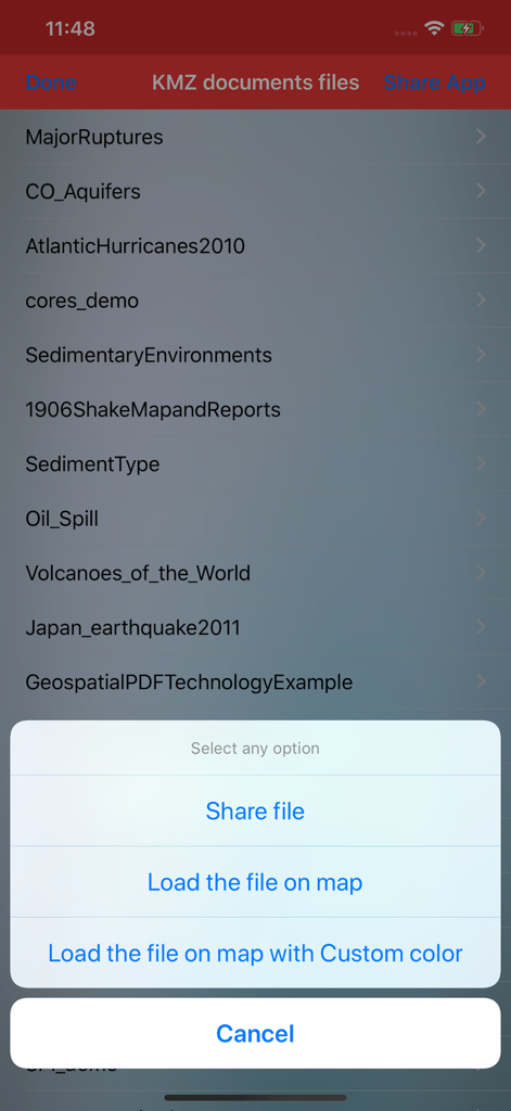 A list of KMZ files in the viewer app with a pop up menu offering options to share or load the data on a map