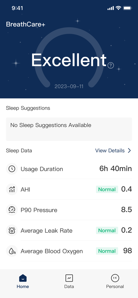 A mobile dashboard from the BreathCare plus app showing an excellent sleep score and metrics for usage duration, AHI, and blood oxygen levels.