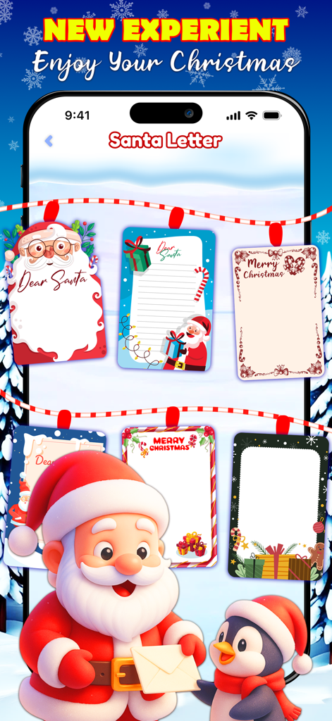 Interface of the Santa Call Prank & Countdown app featuring multiple festive letter templates for writing to Santa Claus.