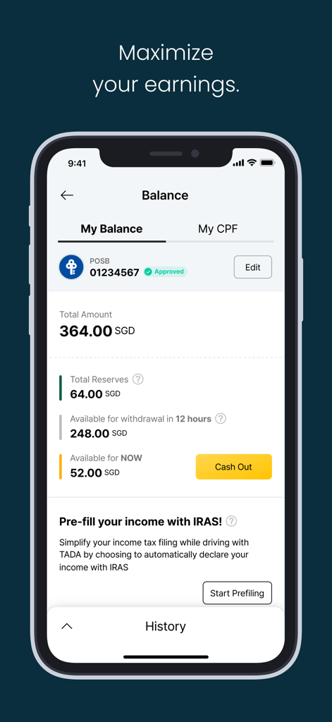 TADA Driver app balance screen displaying total earnings and cash out options for drivers