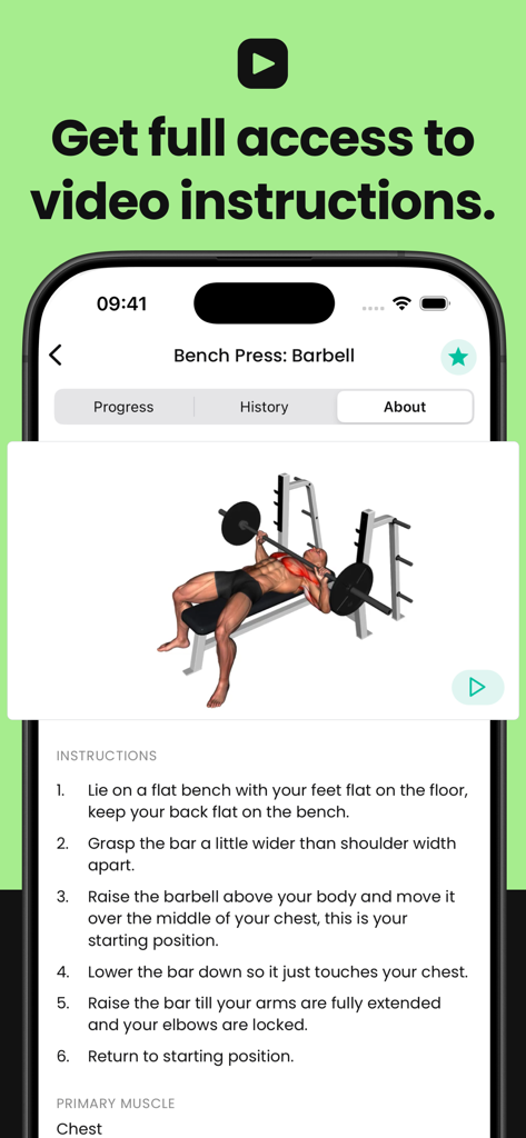 FitHero app screen showing barbell bench press step-by-step instructions and video demonstration.